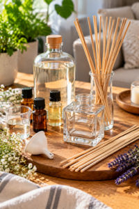 Preparing homemade reed diffuser ingredients with fragrance oils and reeds