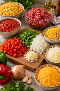 Ingredients prepared for cheesy ground beef casserole