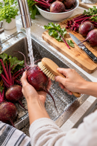 Washing fresh beets to prepare Refrigerator Pickled Beets