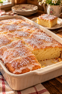 simple old-fashioned cake with vanilla glaze and powdered sugar