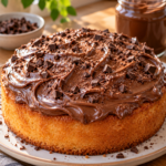 Golden chocolate hazelnut cake topped with glossy chocolate hazelnut spread and chopped chocolate.