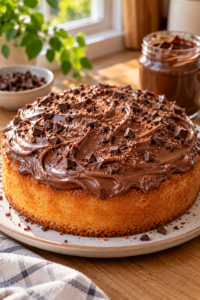 Finished chocolate hazelnut cake with glossy swirled topping and chopped chocolate.