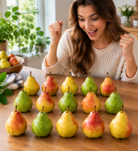 Solved pear counting puzzle with pears arranged on a table