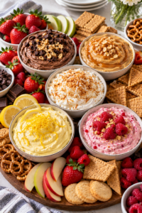 Five finished Cool Whip Desserts served with fruit, cookies, and pretzels