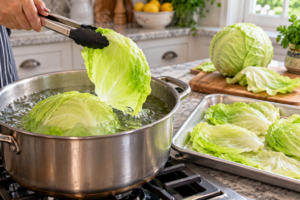 Softening cabbage leaves for Cheesy Potato Stuffed Cabbage Rolls