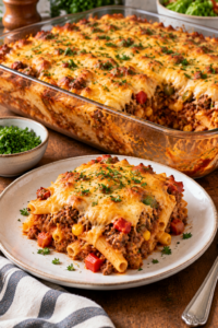 Finished cheesy ground beef casserole with golden melted cheese