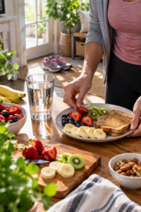 Breakfast and everyday habits accompanying an article about drinking water in the morning and heart health.