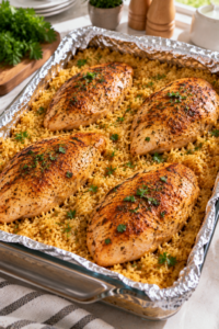 Finished Oven Baked Chicken and Rice with golden chicken breasts