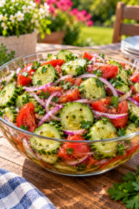 marinated cucumber salad with fresh cucumbers tomatoes onions and herbs