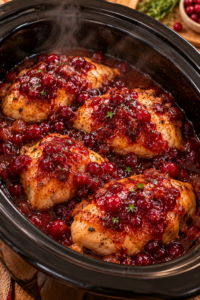 Amish Cranberry Chicken cooking with cranberry sauce in a slow cooker