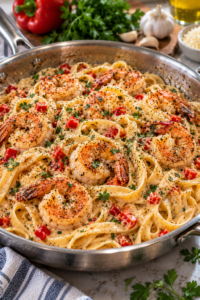 Creamy garlic shrimp pasta with Parmesan sauce, fettuccine, red pepper, and parsley.