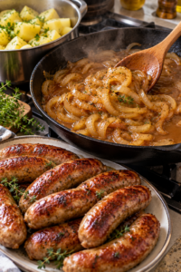 Browned sausages and onion gravy cooking for bangers and mash.