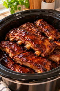 Finished slow cooker BBQ ribs with a sticky, caramelized barbecue glaze in a black slow cooker.