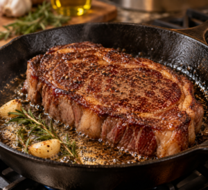 steak cooking in a cast iron skillet