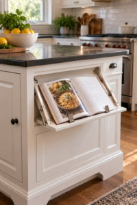 Open Kitchen Island Cookbook Holder with hinged panel and page clips