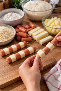 Hot dogs and mozzarella prepared on skewers for Cheesy Korean Corn Dogs