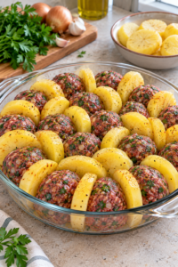 Raw meatballs and potato slices arranged for a meatball and potato casserole