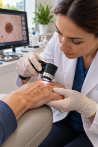 Dermatologist examining Age Spots on Hands with a dermatoscope