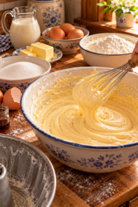simple old-fashioned cake recipe batter being prepared in a mixing bowl