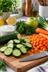 Vegetables being prepared for Creamy Cucumber Carrot Salad
