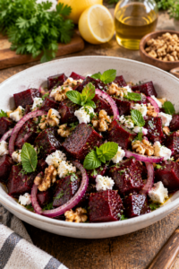 Finished beetroot salad with herbs, feta, and walnuts