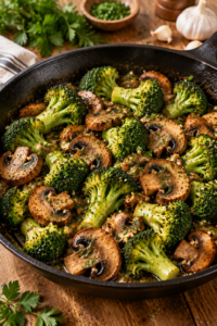 Finished garlic butter broccoli and mushrooms ready to serve