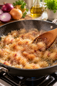 Ground onions cooking in a skillet for flavorful homemade recipes