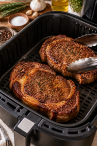 Air fryer ribeye steak cooking in a single layer