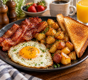 Classic American breakfast plate with eggs bacon and toast