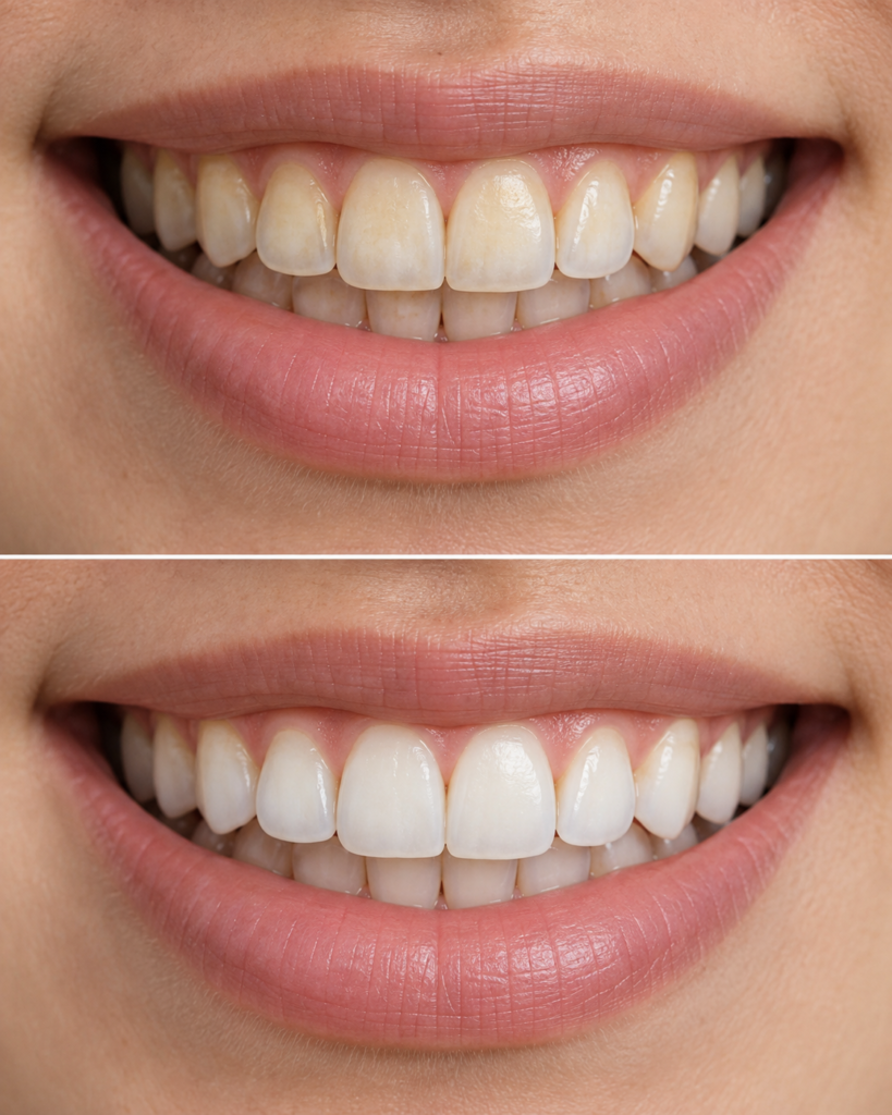 Before-and-after comparison illustrating the claimed results of a teeth whitening trick.