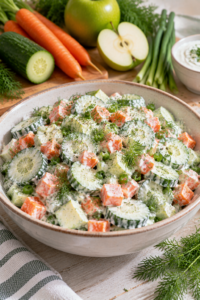 Finished Creamy Cucumber Carrot Salad in a serving bowl