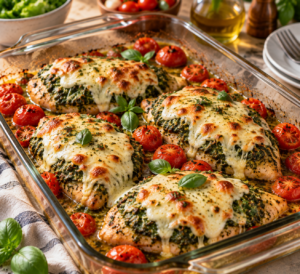 Finished Spinach Pesto Mozzarella Chicken Bake with pesto mozzarella topping