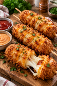 Finished Cheesy Korean Corn Dogs with crispy coating and melted cheese topping