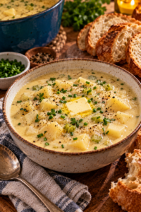 Finished Creamy Potato Soup topped with melting butter and fresh chives