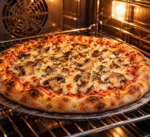 mushroom pizza baking with melted cheese