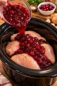 Amish Cranberry Chicken prepared with chicken breasts and cranberry sauce in a slow cooker