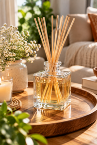 Finished homemade reed diffuser decorating a cozy home space