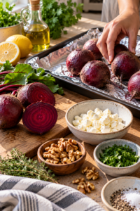 Fresh beets being prepared for roasted beet salad with whipped feta.