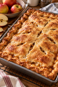 Freshly baked apple slab pie with a flaky golden crust cooling in a rectangular pan.