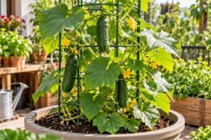 Young cucumber plant climbing a trellis in a container