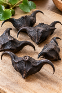 Mature water caltrop fruits with dark shells and two curved horns
