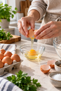 Checking a white string in egg by cracking it into a separate bowl