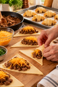 Preparing 4-Ingredient Beef Crescent Puffs with ground beef, cheddar cheese, and crescent dough