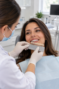 Dentist assessing a patient before recommending a safe teeth whitening trick or professional treatment.