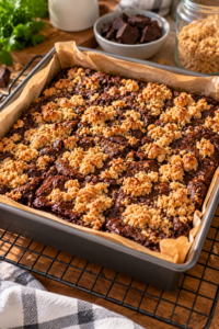 Freshly baked caramel brownie bars with a golden crumb topping before the caramel drizzle.