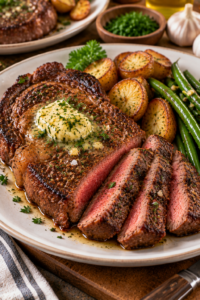 Finished air fryer ribeye steak with compound butter