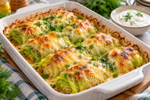 Finished Cheesy Potato Stuffed Cabbage Rolls with fresh herbs