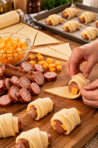 3-Ingredient Cheddar Bratwurst Bites being prepared with bratwurst, cheddar cheese, and crescent dough