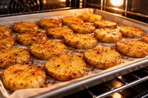Seasoned loaded baked potato rounds roasting in the oven