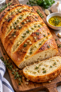 Finished garlic herb bread loaf with a golden crust, thyme, and garlic butter